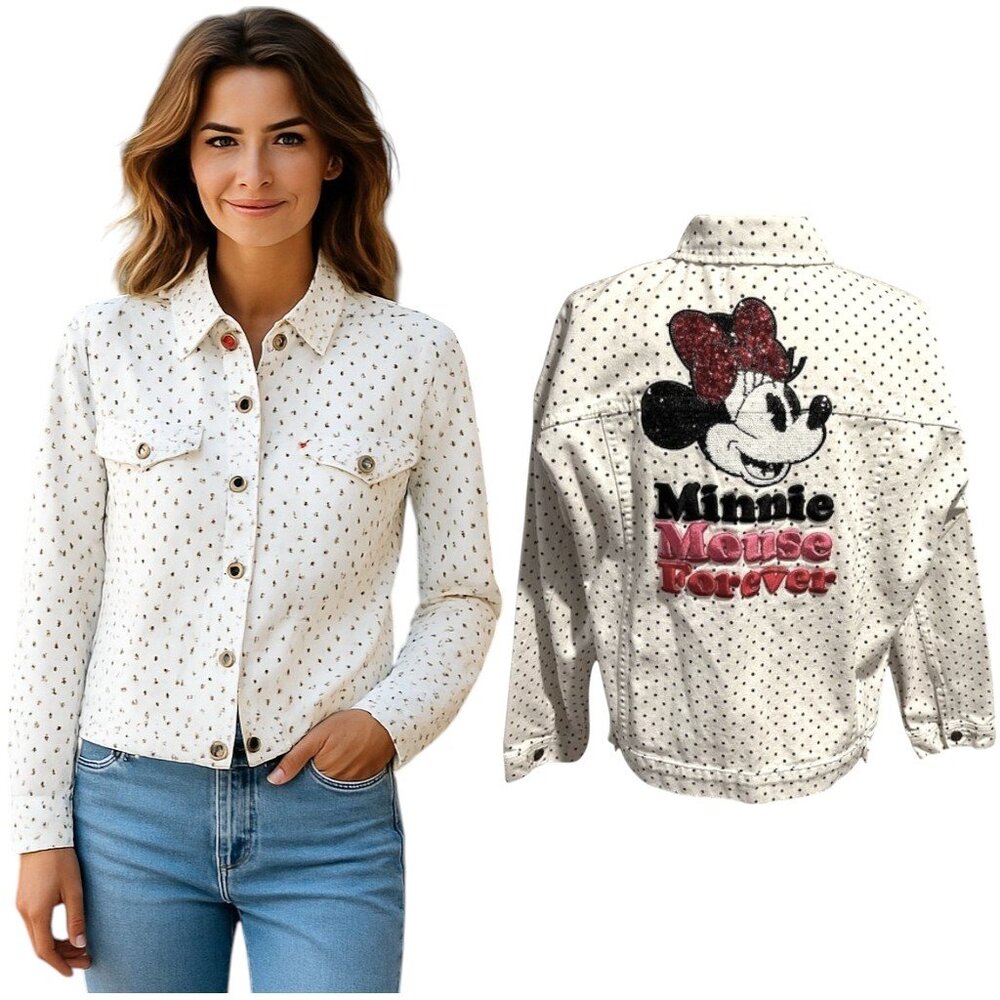 Disney Minnie Mouse Forever Polka Dot Women's Sz 3X Denim Jacket Sequin Back NWT